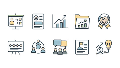 Business and presentation line icon set. data, charts, communication in outline style