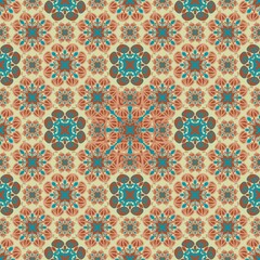 seamless vintage pattern,blue, brown curves,painted create to flower shape,leaves with yellow background in geometric patterns as sarong,fabric,tile,printed fabric,batik,tablecloth patterns.