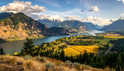 A breathtaking vista showcases a picturesque valley, with a meandering river flowing through vibrant autumnal landscapes and snow-capped mountains in the background.