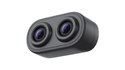 A product photo of a dual-lens car dashboard camera in matte black against on a transparent background. 