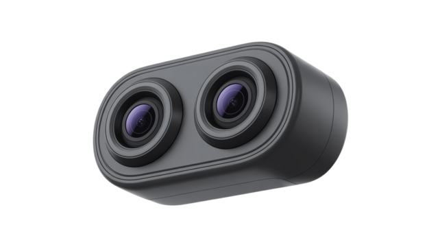 A product photo of a dual-lens car dashboard camera in matte black against on a transparent background. 