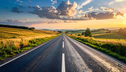 Straight asphalt road through sunlit rural fields at golden hour, leading to the horizon under a dramatic sky