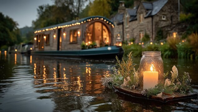 Canal boat, decorated with lights, floating on water, with candle