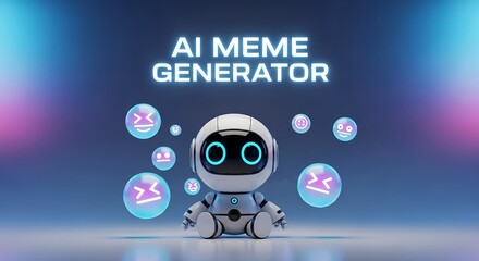 Cute robot generating meme with artificial intelligence and neon lights