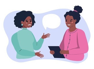 Psychotherapy session. Woman talking to psychologist. African american females patient and psychologist. Emotional well-being, stress relief. Mental health concept. Flat vector illustration.