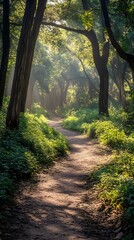 Obraz premium Sunlit Forest Path with Rays of Light trail woods