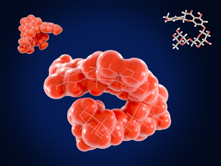 Hesperidin molecules (surface and stick style). Hesperidin is a potent anti-inflammatory and antioxidant compound.