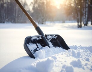 A black snow shovel rests in a snowdrift on a sunny winter day, its wooden handle extending into the blurred background of snowy landscape.