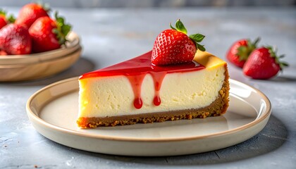 A thick slice of baked cheesecake with a crumb crust on a simple plate, topped with fresh strawberries, against a clean white background