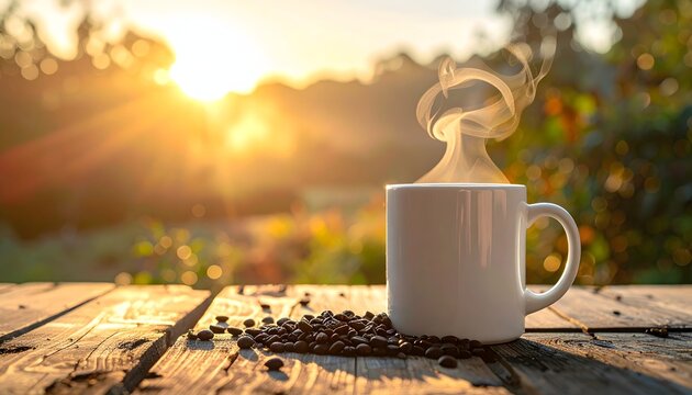 A ceramic coffee mug with rising steam sits on a rustic wooden table, surrounded by scattered coffee beans, with a warm, sunlit background
