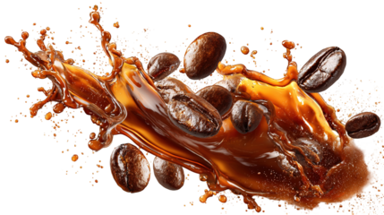 Flying whirl roasted coffee beans in the air studio shot with transparent background png