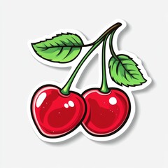 Ripe Cherry: A vibrant illustration of two juicy red cherries, each bursting with flavor and freshness, are attached to a green stem with lush green leaves, evoking the sweet taste of summer.