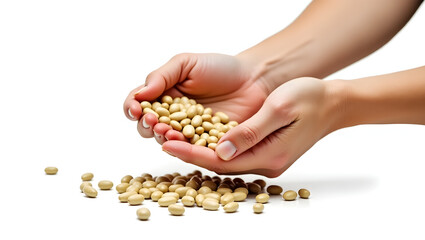 Obraz premium Ecology A hand sorting organic beans for planting, isolated on a white background, representing sustainable farming, seed saving, and eco agriculture (2)