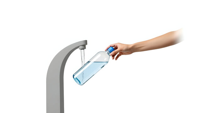 Ecology A hand refilling a reusable water bottle at a public fountain, isolated on a white background, ideal for green action visuals, water conservation(2)