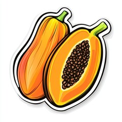 Vibrant Papaya Duo: A pair of vividly illustrated papayas, one whole and the other sliced to reveal its seed-filled core, offer a burst of color and tropical allure, with a sleek, clean presentation.