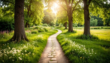 Fototapeta premium Sunlight-drenched path through a lush park
