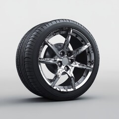 Obraz premium Rolling Innovation: A close-up shot showcases a pristine automobile tire, mounted on a sleek alloy wheel, ready to hit the open road.