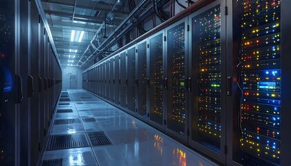 Fototapeta premium A detailed interior shot of a server room with long rows of server racks and blinking network lights, representing modern technology, data, and immense computing power