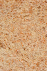 A full-frame, detailed macro shot of the porous texture of a slice of whole-grain bread.