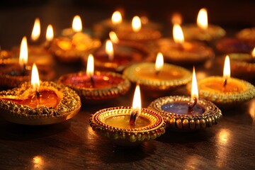 Traditional Diwali Oil Lamps with Burning Flames for Festival Celebration