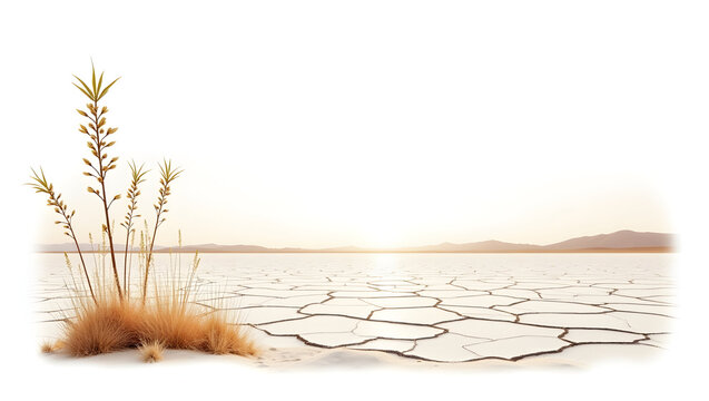 Ecology A salt flat with cracked earth and halophytic plants, scene isolated on a white background, for arid ecosystem visuals, plant adaptation(2)
