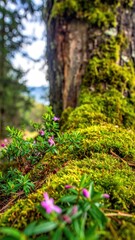 Mossy Tree Trunk with Pink Flowers in Lush Forest Environment