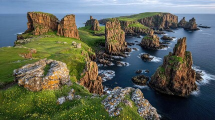 Panoramic view of a rugged, coastal island chain; dramatic rock formations rise from a turquoise sea, surrounded by grassy, lichen-covered hills