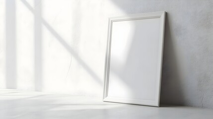 Empty white picture frame leaning against a textured wall with sunlight