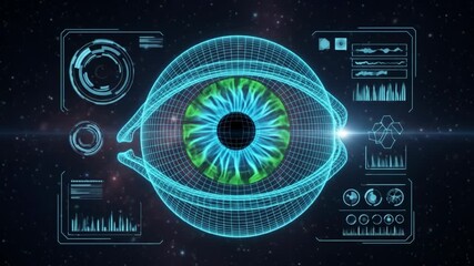 Futuristic eye scan animation with data visualization and digital interface elements on a cosmic space background, technology and medicine concept - Powered by Adobe