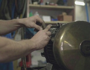 Mechanic working on a vintage engine