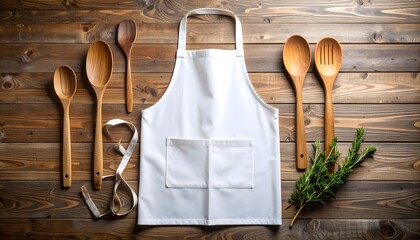 A flat-lay of a white cotton apron with a bundle of fresh rosemary and wooden spoons on a rustic oak table