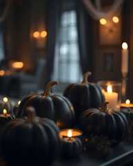 Halloween background with black matte pumpkins and glowing golden accents, minimalist luxury interior setting