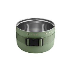A product photo of a sage green camping pot with a black plastic buckle strap wrapped around its circumference. Isolated on a transparent background.