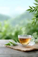 透明ガラスのカップに入った温かいお茶と緑の背景