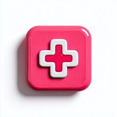 Fototapeta premium A glossy, square, pink button features a raised, white plus sign, casting a subtle shadow on a white background