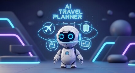 Ai travel planner robot with travel icons for trip planning and booking