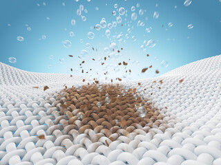 3d illustration showcasing fiber cleaning technology, highlighting the removal of dirt or stains, for detergent products, cleaners, advertisements.