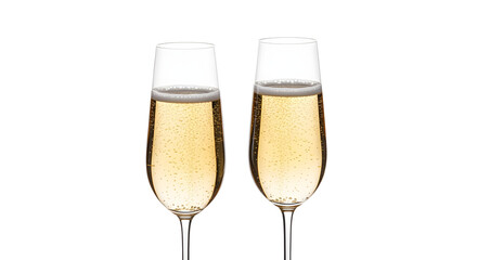 Two champagne flutes filled with sparkling wine, isolated on clean white background, festive celebratory drink photo.