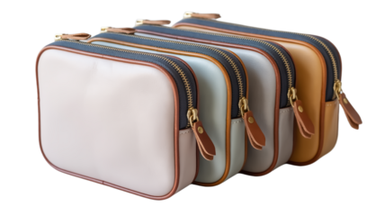 A product photo of four rectangular leather pouches arranged in a row against on a transparent background.