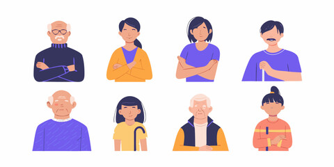 Diverse group of people in flat illustration style showing different ages and genders