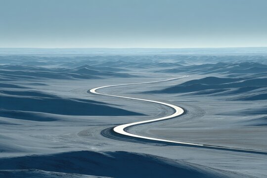 A long, winding road snakes through a vast, desolate, snow-covered landscape under a clear, pale sky - Powered by Adobe
