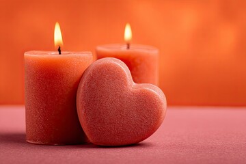 Two burning candles and a heartshaped object on a textured surface against an orange background