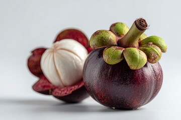Two mangosteens one whole with a stem one split open revealing white segments on a white surface