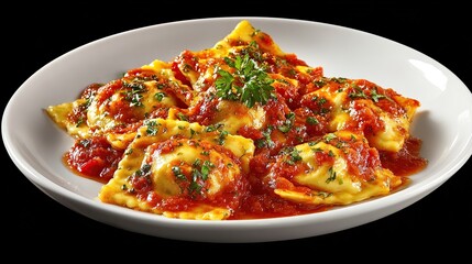 Plate of ravioli covered in red sauce and herbs, isolated against black background