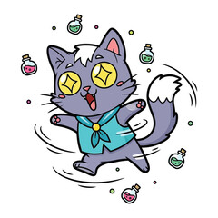 Enchanted Cat's Magical Whirl: A whimsical illustration of a cat, filled with joy and excitement, surrounded by swirling effects and whimsical potion bottles, bringing a playful essence of wonder.