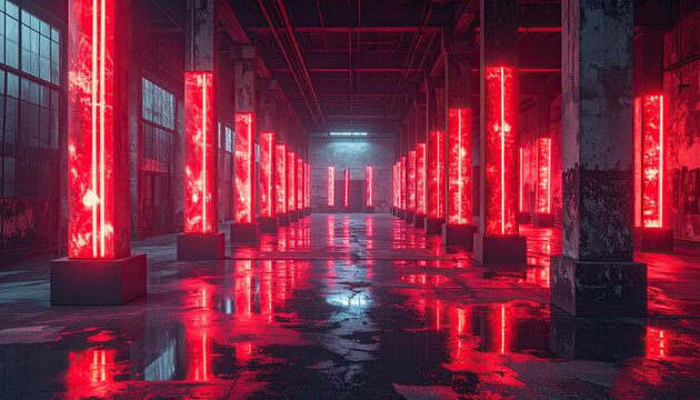 Industrial Warehouse Interior with Rows of Glowing Red Neon Pillars and Reflections