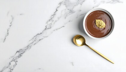 Fototapeta premium A flat-lay, high-angle shot of a white ceramic bowl containing rich chocolate mousse topped with a gold leaf, next to a golden spoon on a sleek marble countertop