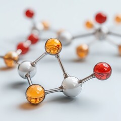 Vibrant Molecular Model - Interconnected Amber, Red, White Spheres, Scientific Structure, Shallow DOF.