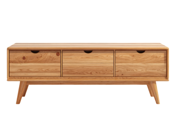 Light brown wooden TV stand with three drawers