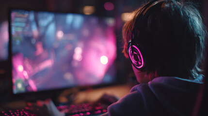 Young gamer in immersive action: The photo captures a young individual engrossed in a virtual game, their gaze fixed on the screen. The scene is enveloped in a captivating neon glow.